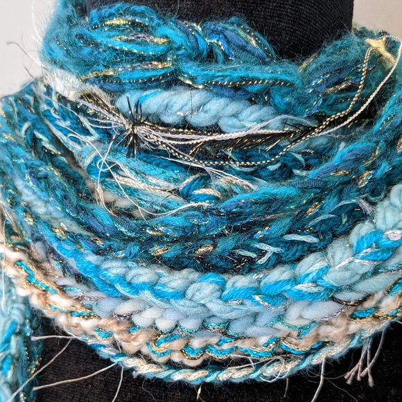 Teal Gold Aqua Ivory Handmade Fringe Scarf!! New Made By Lola - Picture 5 of 10